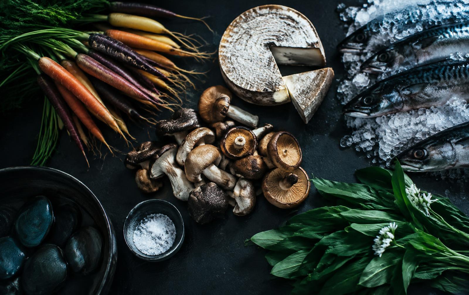 Heritage carrots, wild mushrooms, artisan cheese, mackerel and wild garlic